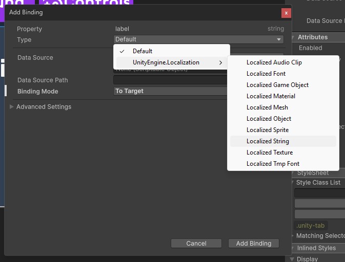 Add binding window type popup showing localization binding types.