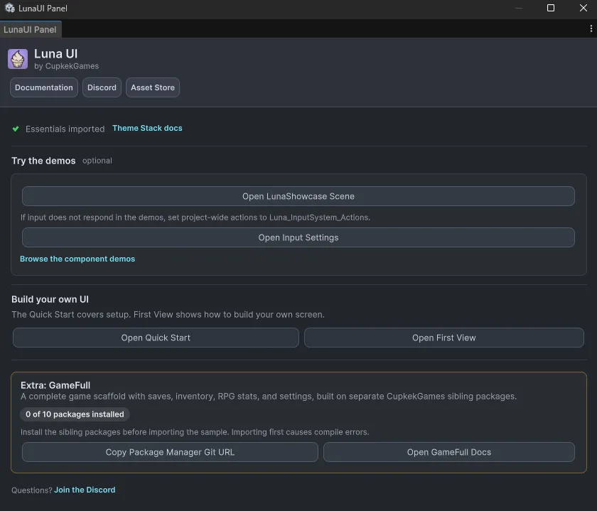 LunaUI Panel after setup: Essentials collapsed to a slim imported line with a Theme Stack docs link, Open LunaShowcase Scene enabled, and the amber Extra: GameFull card still pending