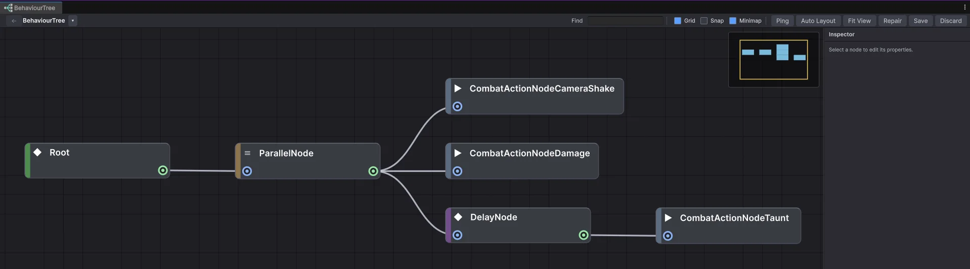 Combat action behaviour tree — Root → Parallel running Damage, Camera Shake, and a Delay that feeds a Debuff node