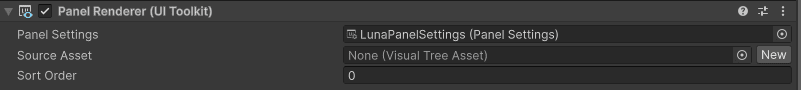 PanelRenderer GameObject inspector with LunaPanelSettings assigned as the Panel Settings