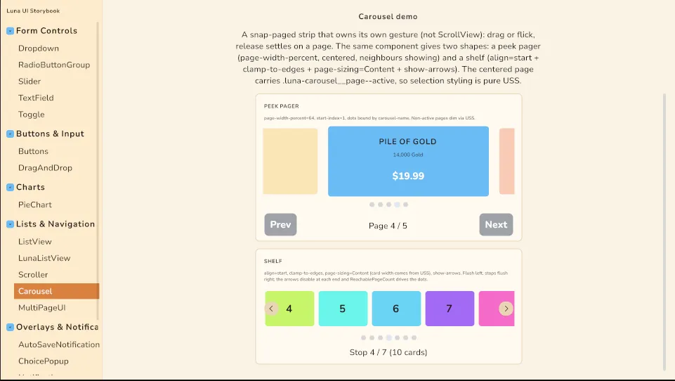 Storybook Carousel entry: peek pager with dots and Prev/Next above the shelf with built-in arrows.