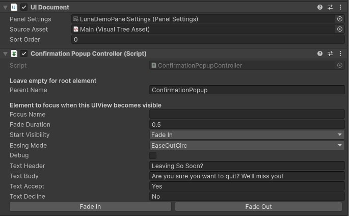 Confirmation Popup Inspector