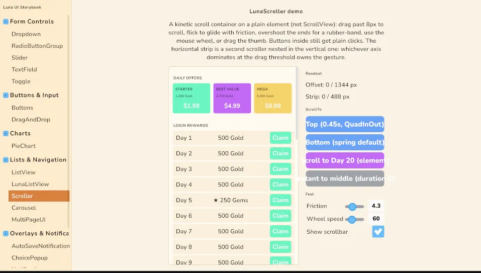 The Storybook Scroller entry: a vertical feed with a horizontal offer strip nested inside it — the axis-lock composition the whole family is built around.