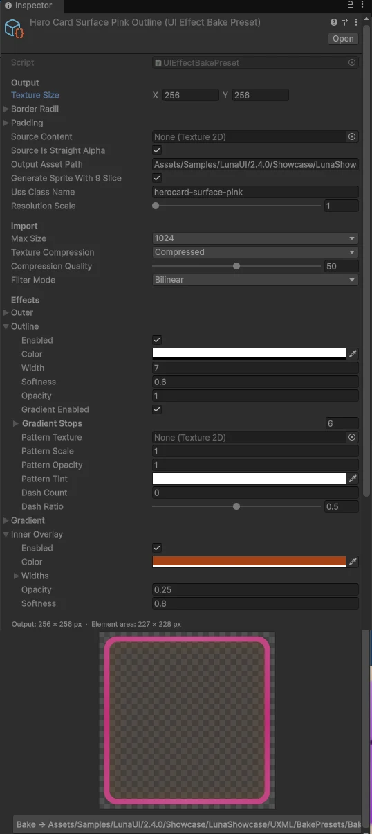 The UI Effect Bake Preset inspector — the Output / Import / Effects (Outer, Outline, Gradient, Inner Overlay) fields, the live preview pane with its validation banner, and the Bake to Project button