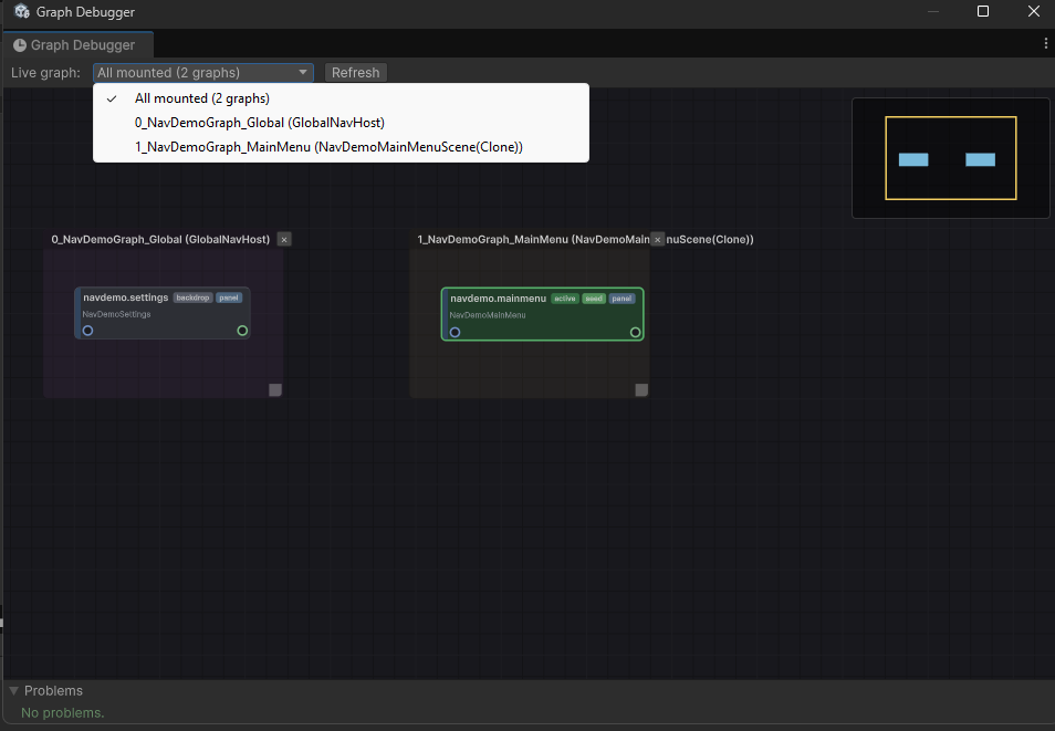 The Graph Runtime Debugger's All mounted view during play: two framed clusters side by side, the Global graph on GlobalNavHost and the MainMenu graph on its scene host, each node carrying live state badges, with the picker offering the merged view plus each graph individually