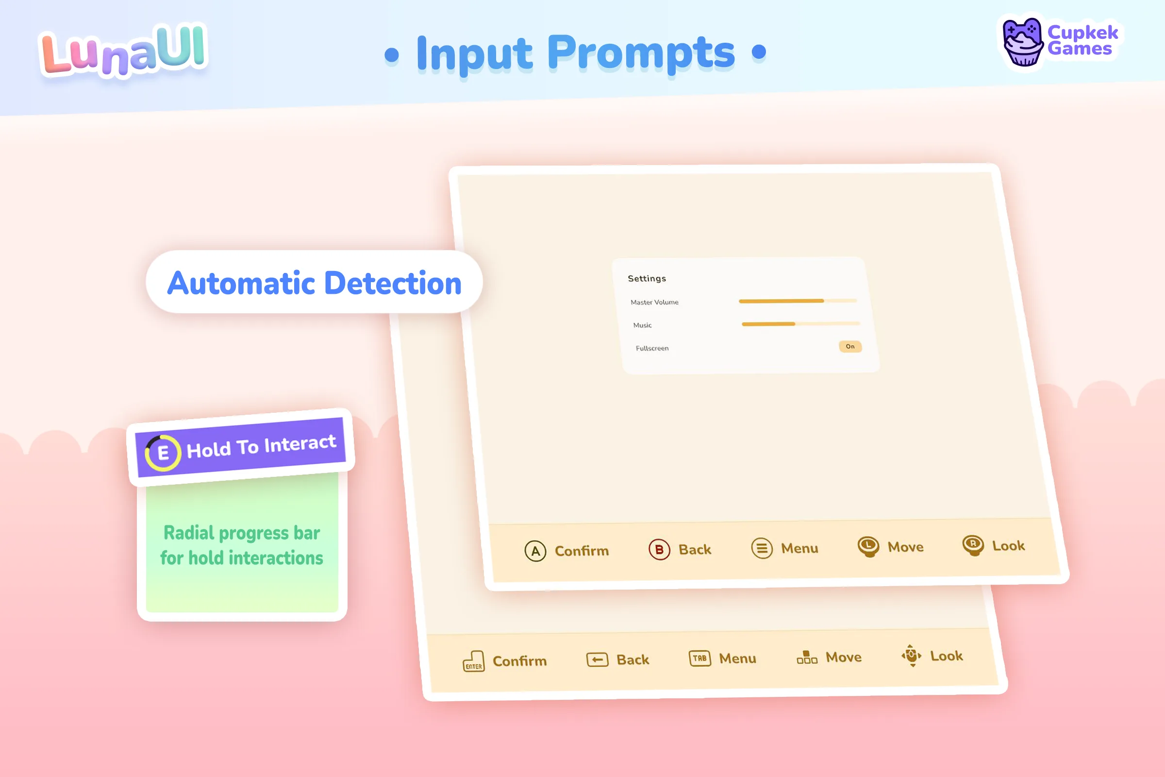 Input prompts — controls screens showing keyboard and gamepad icons plus rebind buttons