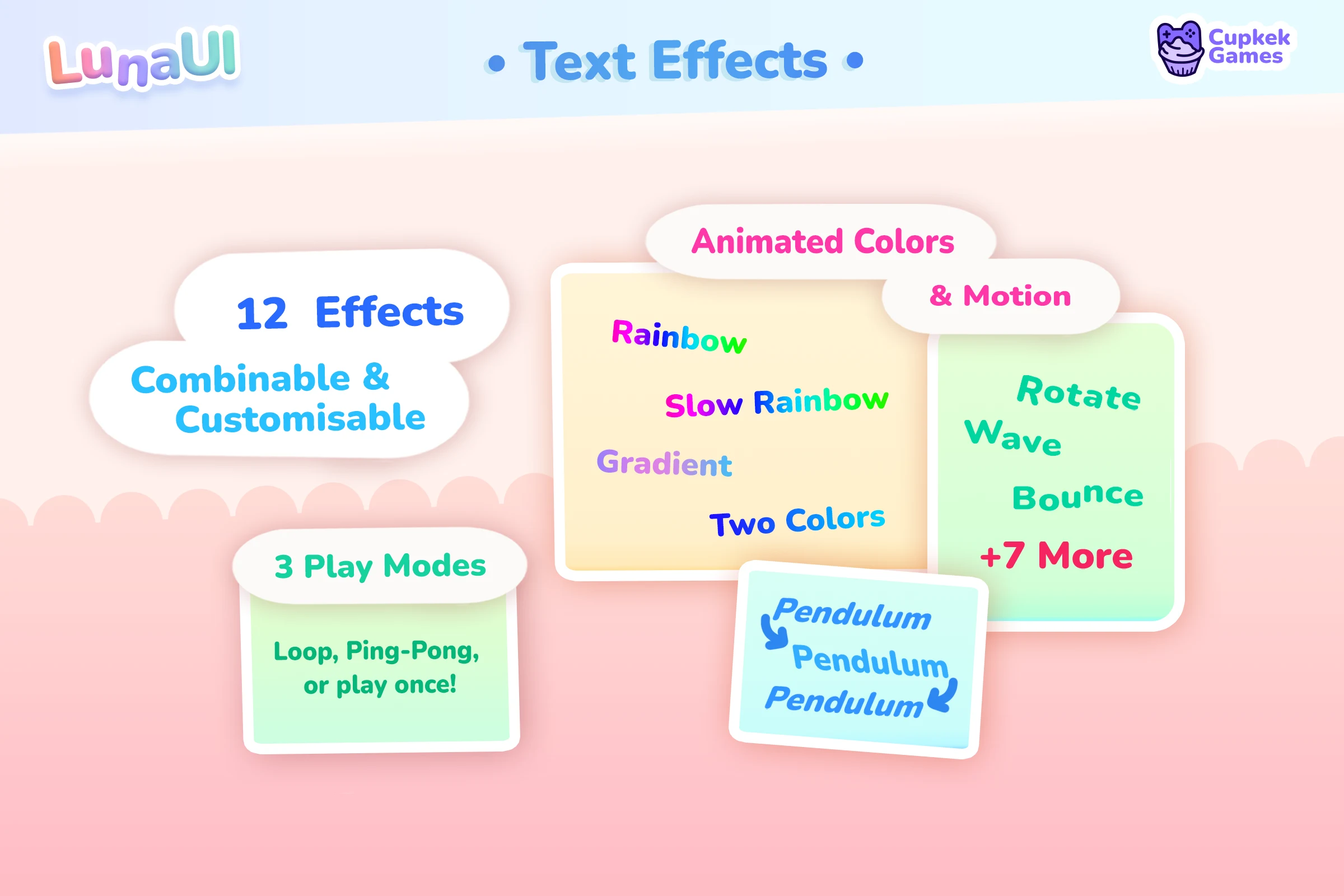 Animated text effects: rainbow, gradient, pendulum, wave, bounce, shake