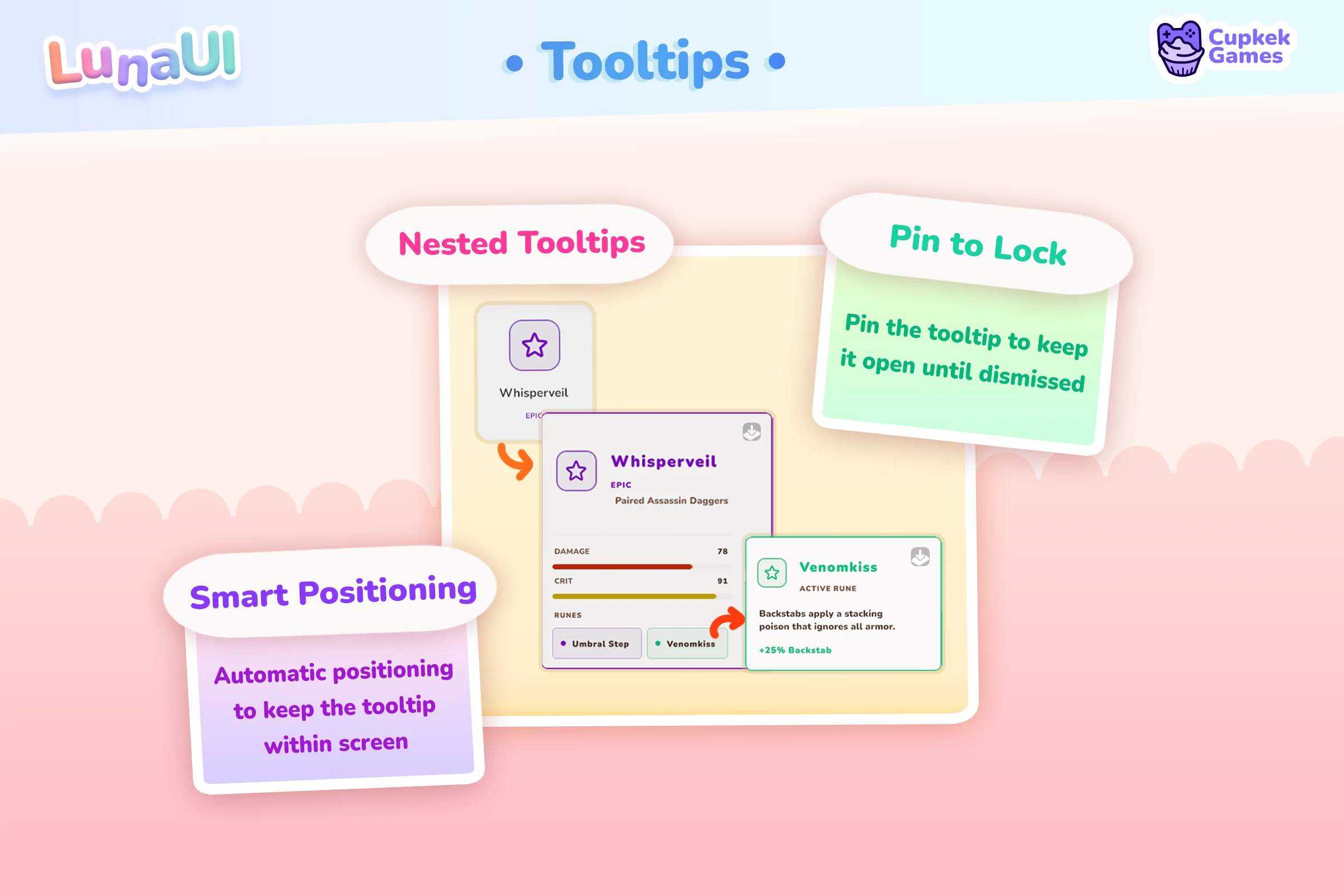 Tooltip component — rich tooltips on a grid of skill icons