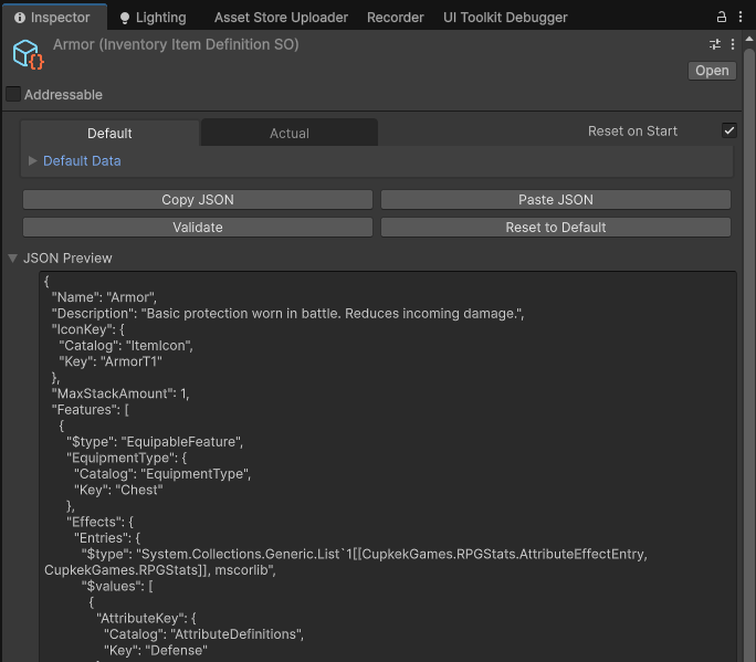 DataSO Inspector (Default vs Actual)