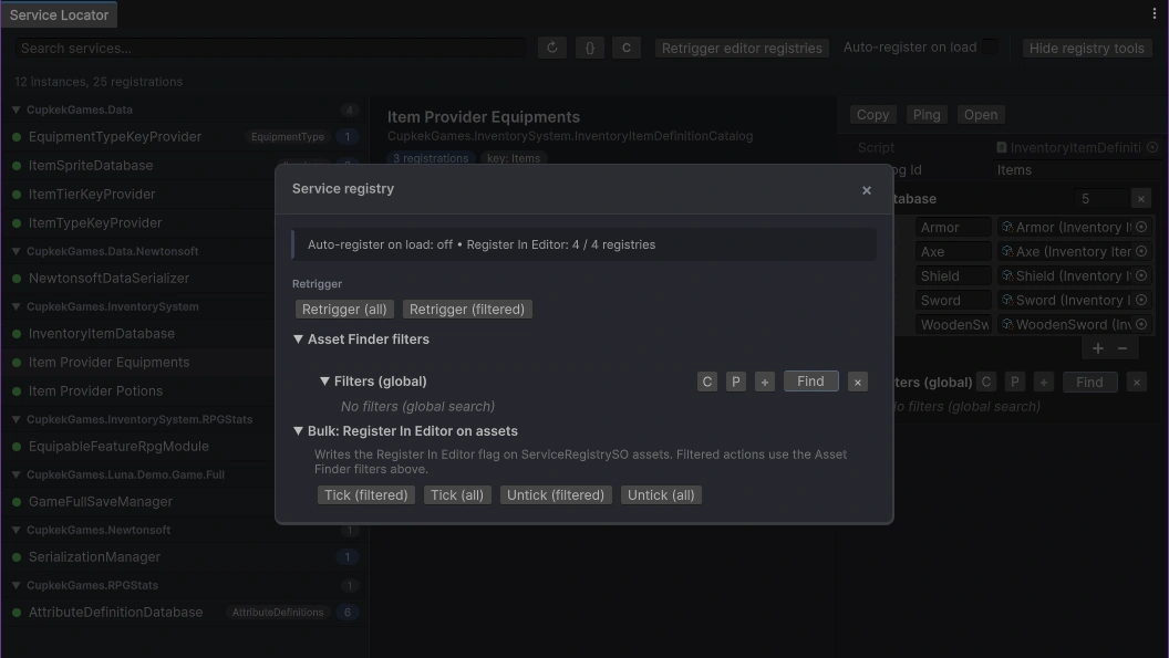Service Locator debug window — registered services with the registry tools expanded